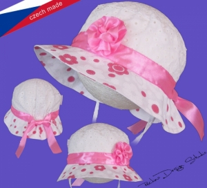 Dievčenský klobúk ROCKINO veľ. 50,52,54,56 vzor 3035 - biely s ružovou stuhou