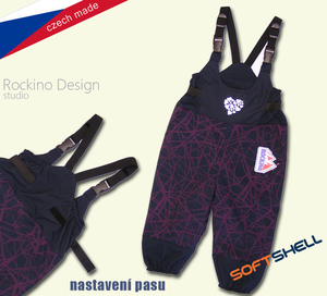 Dětské softshellové zateplené kalhoty ROCKINO s laclem vel. 86,92,98,104 vzor 8221 - tmavěmodré s lila žíháním